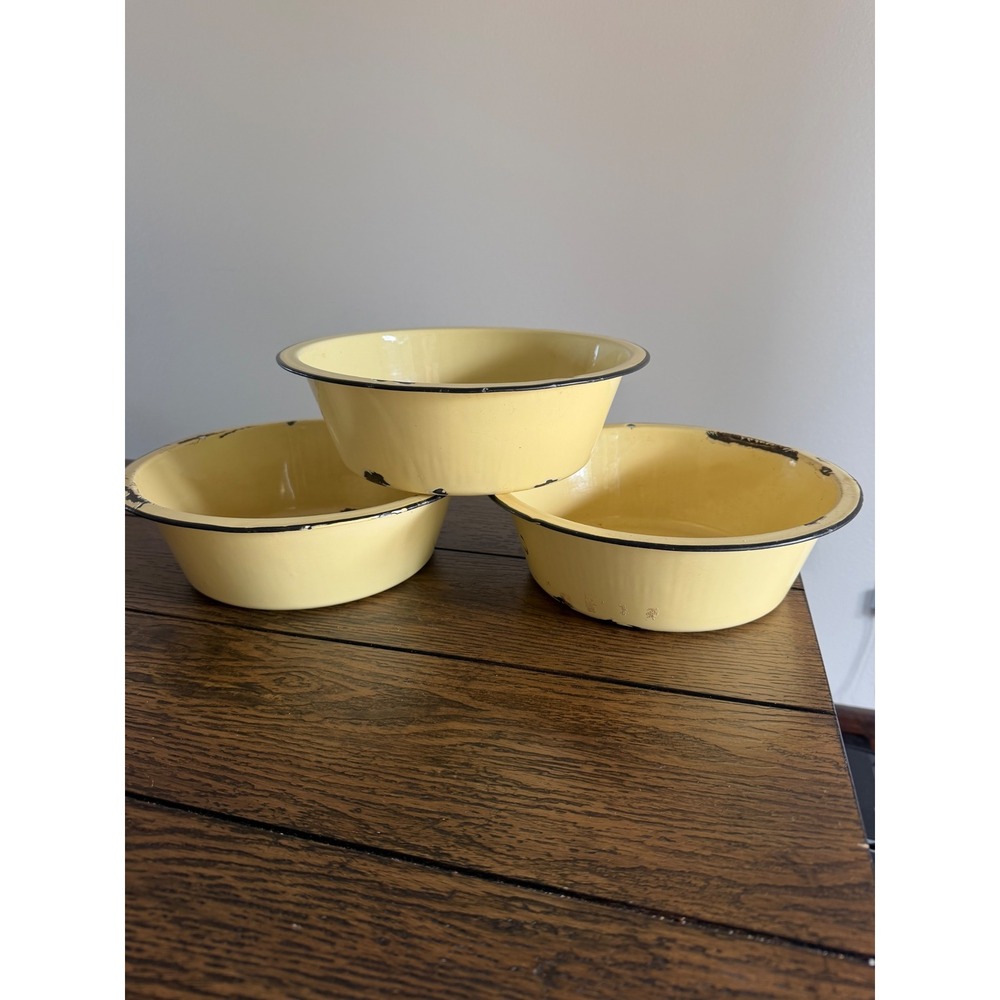 Vintage Enamelware Bowl Set Yellow Black Rim Antique Farmhouse